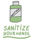 Sanitize your hands. Icons trendy color doodles isolated on a white background, lettering, calligraphy, green text.